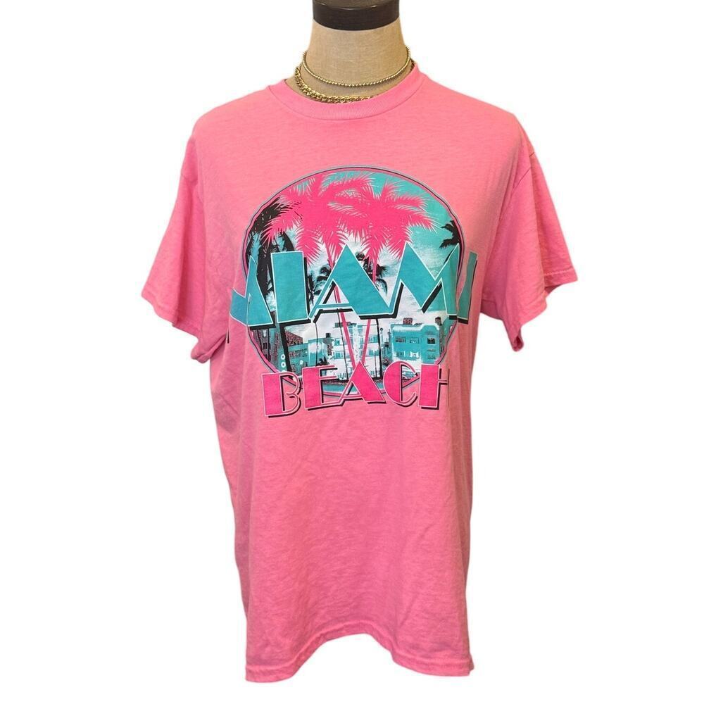 MIAMI BEACH Neon Pink Teal Graphic Tee T-Shirt Unisex size M